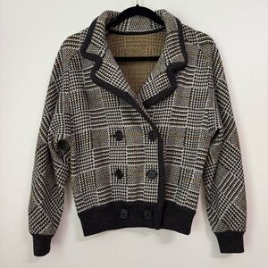 Valentino Women 100% Wool Houndstooth Knit Cardigan Jacket Bomber, size 40/6 US